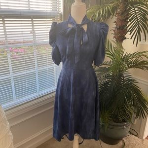 Auditions Denim Pattern Bow Tie Puff Sleeve Dress